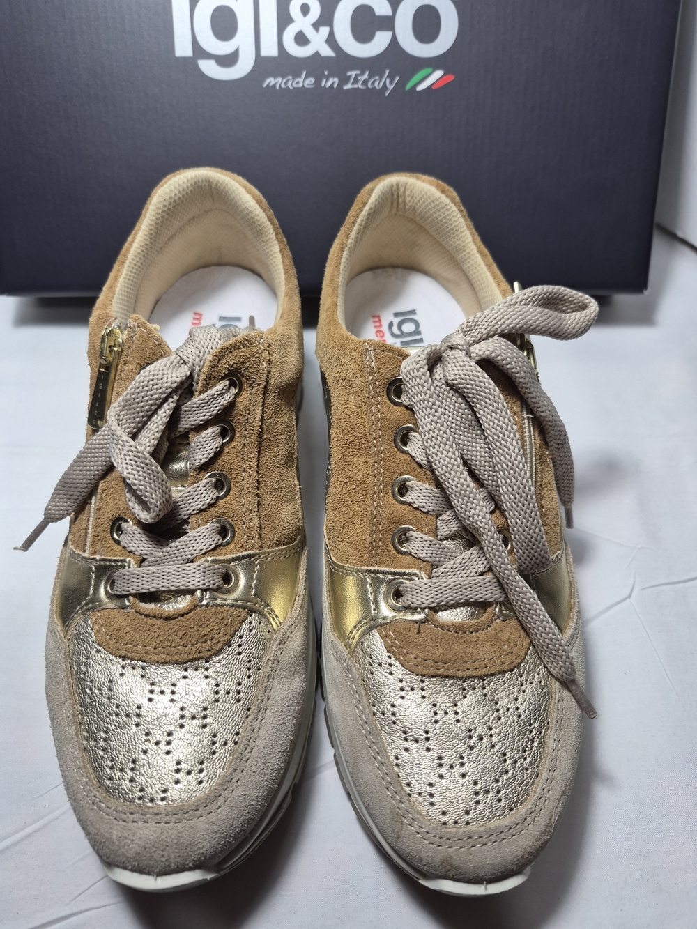 Women's Metallic Gold & Tan Suede Lace-Up Sneaker